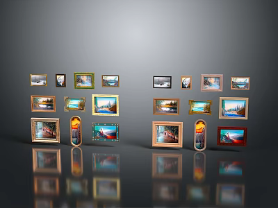 Multiple Oil Paintings With Various Sizes Frames Landscape Scenery On Gray Background And Reflections Below 3d model