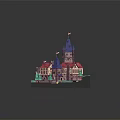Cartoon Scenery Featuring Castle With Purple Towers Red Roofs Green Trees And Blue Water