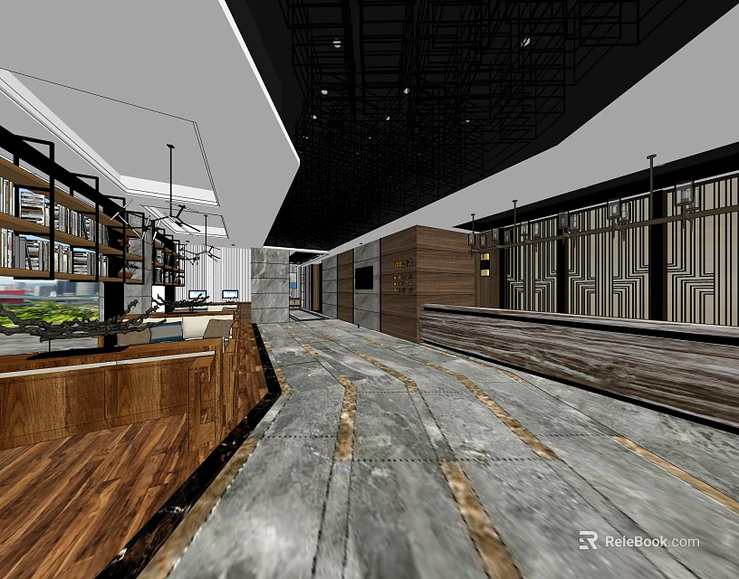 Modern Hotel Lobby Interior With Wooden Counter Marble Floor And Ceiling Design 3d model 