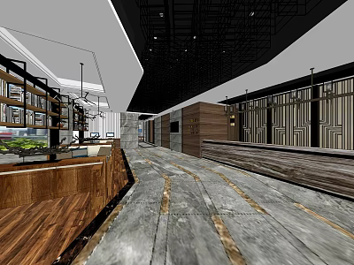 Modern Hotel Lobby Interior With Wooden Counter Marble Floor And Ceiling Design 3d model