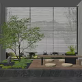Modern Courtyard Tea Space with Tea Table and Chairs Green Plants and Sliding Shutter Windows 3d model