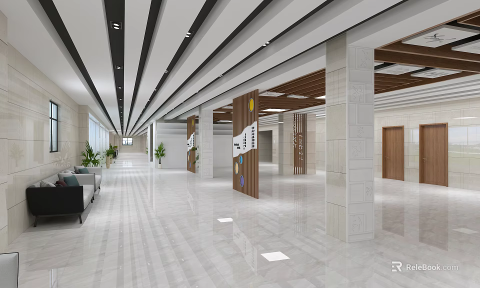 Modern Hotel Lobby Interior Design With Spacious Marble Floor And Decorative Columns 3d model 