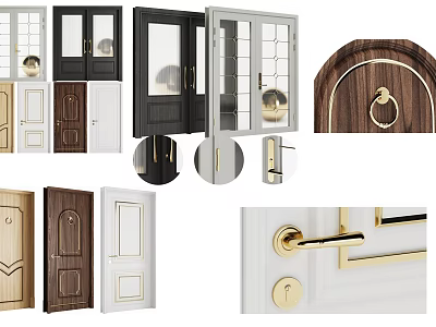 Sliding Doors With Various Styles Wooden Glass Panels And Decorative Handles For Interior 3d model