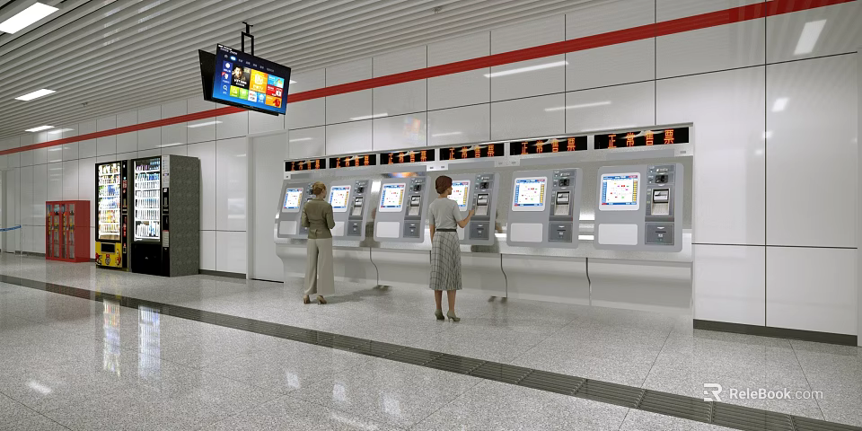 Modern Station With Self Service Ticket Machines People Using Digital Screen And Red Accent Line 3d model 