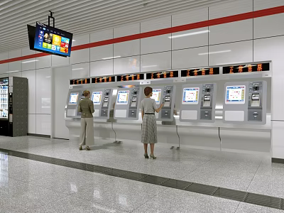 Modern Station With Self Service Ticket Machines People Using Digital Screen And Red Accent Line 3d model