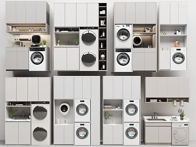 Modern Laundry Room Cabinet Designs With Built In Washing Machines And Storage 3d model