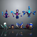 Cartoon Style Characters and Creatures With Vibrant Blue Purple Colors And Glowing Elements