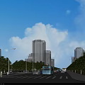 Urban Road Infrastructure Featuring Street Lamps Trees Buses Cars And Tall Buildings Under Sunny Sky