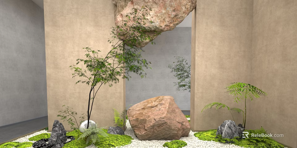 Indoor Natural Landscape With Large Rocks Small Trees Green Moss And White Pebbles 3d model 