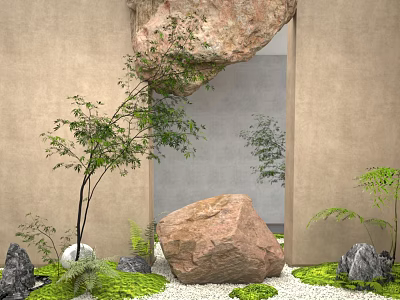 Indoor Natural Landscape With Large Rocks Small Trees Green Moss And White Pebbles 3d model