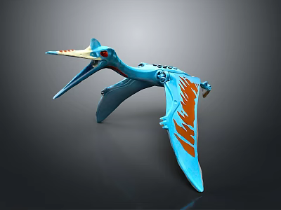 Blue Pterosaur Toy In Flying Pose With Orange Wing Patterns And Red Eyes 3d model