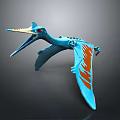 Blue Pterosaur Toy In Flying Pose With Orange Wing Patterns And Red Eyes