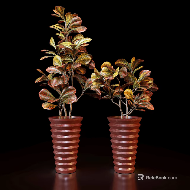 Colorful Leaf Bonsai Potted Plants In Brown Striped Design Pots On Black Background 3d model 
