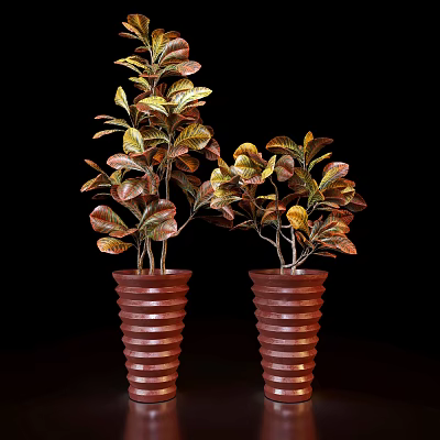 Colorful Leaf Bonsai Potted Plants In Brown Striped Design Pots On Black Background 3d model