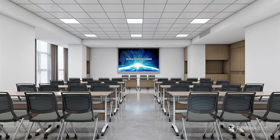 Modern Meeting Room Interior With Arranged Tables Chairs And Large Screen 3d model 