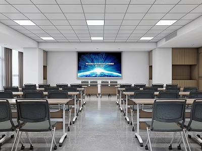 Modern Meeting Room Interior With Arranged Tables Chairs And Large Screen 3d model