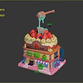 Colorful Sweet Cafe Building With Ice Cream Strawberries Honey Dipper And Blue Ball