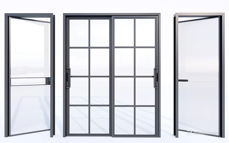 Modern Glass Doors With Black Frames Various Designs Grid Patterns And Clear Glass Panels 3d model
