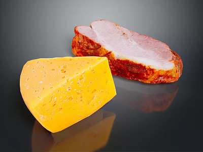 Delicious Yellow Cheese with Holes and Cooked Red Brown Bacon on Dark Background 3d model