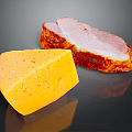 Delicious Yellow Cheese with Holes and Cooked Red Brown Bacon on Dark Background