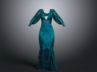 Teal Long Sleeve Square Neck Cutout Fitted Gown With Chic Patterned Fabric 3d model
