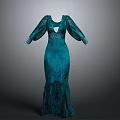 Teal Long Sleeve Square Neck Cutout Fitted Gown With Chic Patterned Fabric