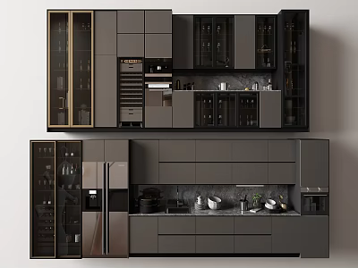 Modern Dark Kitchen Interior With Glass Door Cabinets Drawers And Appliances 3d model