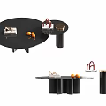 Modern Black Round Coffee Table Design With Cylindrical Legs And Decorative Oranges 3d model