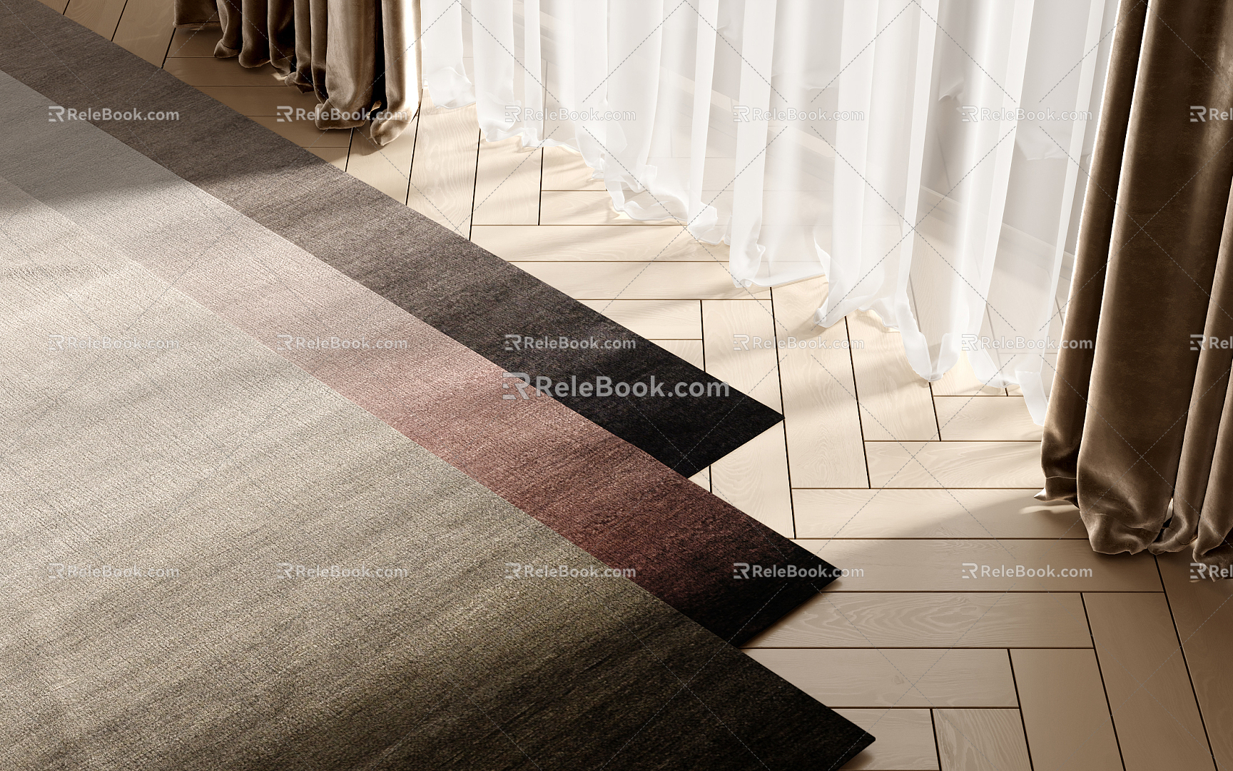 Modern Square Carpet Carpet Wood Floor Curtain Gauze Curtain 3d model