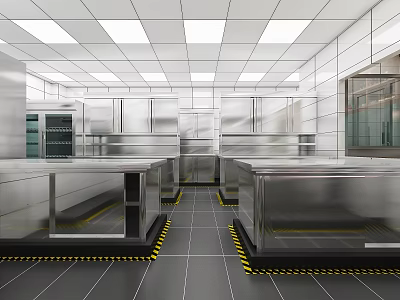 Commercial Kitchen Layout With Stainless Steel Worktables Ceiling Lighting And Appliances 3d model