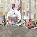 Colorful Plush Toys Collection In Kids Room With Forest Theme Wall And Playful Furniture