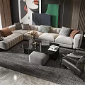 Modern Light Gray L Shaped Sofa With Decorative Cushions And Black Coffee Table Set 3d model