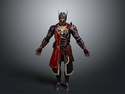 Fantasy Warrior Armor Design With Red Cape Golden Ornaments And Detailed Helmet 3d model