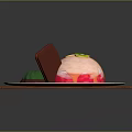 Delicious Pink Dessert Topped With Kiwi Slices And Chocolate Piece On White Plate Wooden Board