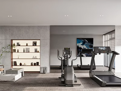 Modern Gym Interior With Treadmill Elliptical Wall Art And Shelves 3d model