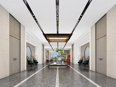 Modern Elevator Corridor Interior With Ceiling Lights Greenery And Chairs 3d model