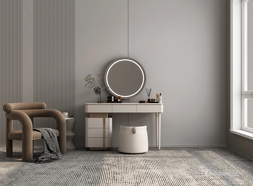 Modern Dressing Table With Round Mirror Striped Wall Brown Chair And Mosaic Floor 3d model 