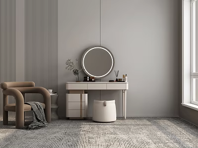 Modern Dressing Table With Round Mirror Striped Wall Brown Chair And Mosaic Floor 3d model