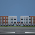 Industrial Factory Building Exterior With Orange White Stripes Large Glass Windows Grassland And Blue Sky