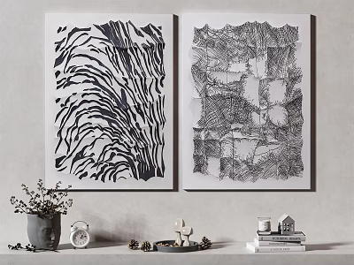 Black And White Textured Abstract Paintings Hanging On Wall With Vase Clock And Books 3d model