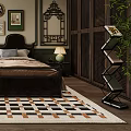 Traditional Bedroom Interior With Shuttered Windows Chandelier Wooden Bed And Patterned Rug
