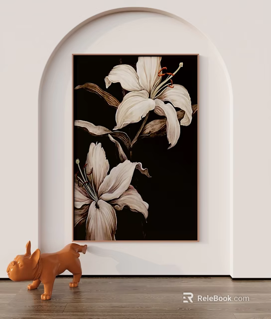 Elegant Botanical Lily Plant Painting With Dark Background And Minimal Frame Wall Decor 3d model 