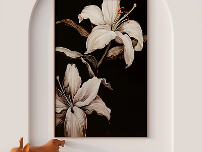 Elegant Botanical Lily Plant Painting With Dark Background And Minimal Frame Wall Decor 3d model