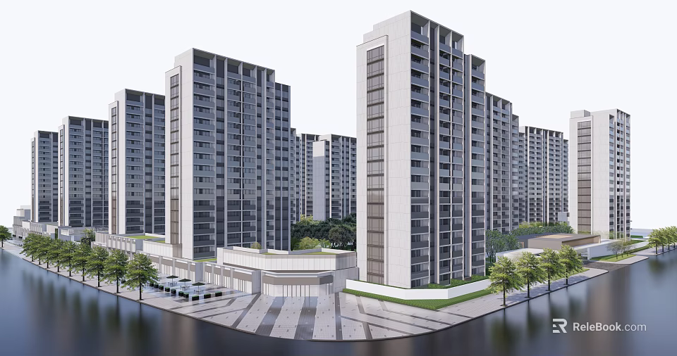 Modern High Rise Residential Buildings With Greenery And Road Vehicles 3d model 