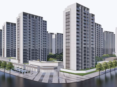 Modern High Rise Residential Buildings With Greenery And Road Vehicles 3d model