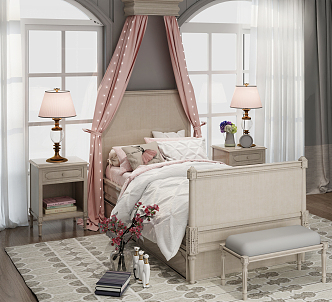 European Single Bed Daughter Room Soft Suit Matching 3d model