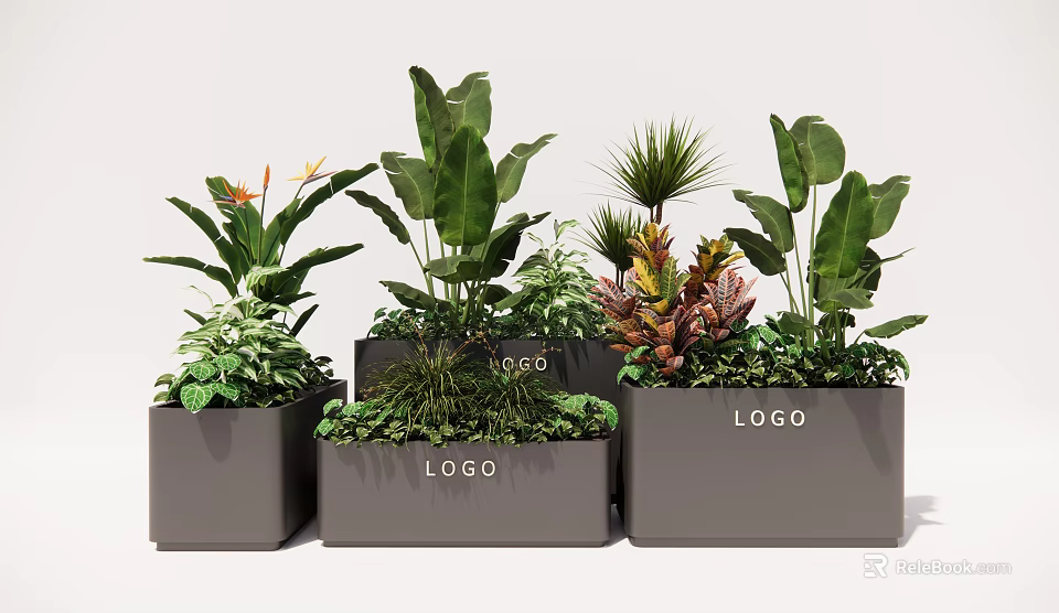 Gray Square Flower Planters With Various Green Plants Featuring LOGO Design 3d model