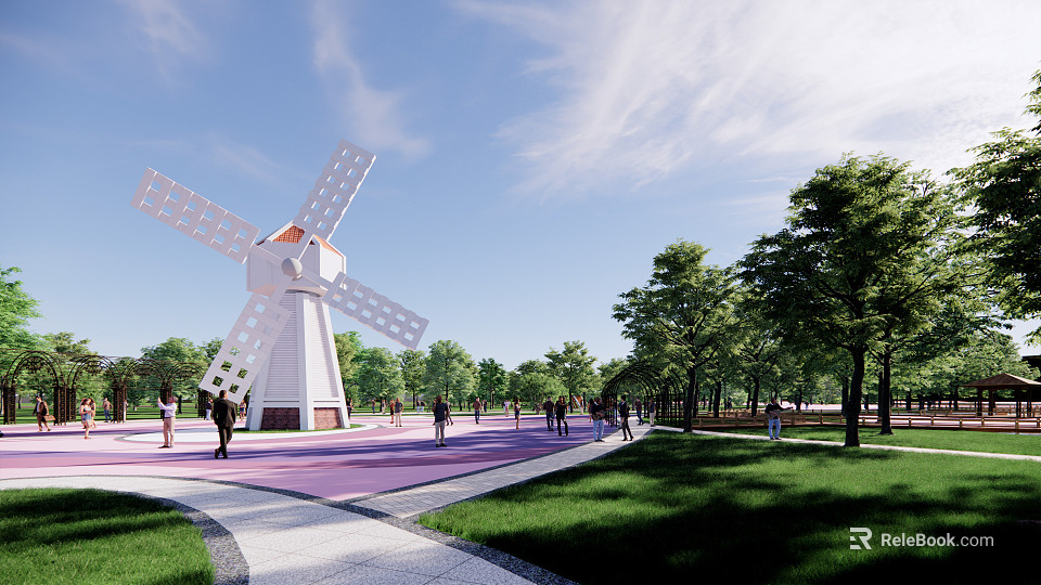 Scenic Square Landscape With White Windmill Pink Ground Green Trees And People Walking 3d model 