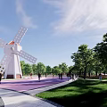 Scenic Square Landscape With White Windmill Pink Ground Green Trees And People Walking