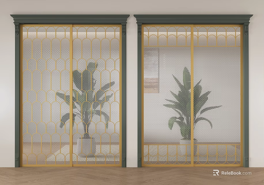 Sliding Doors with Golden Geometric Grid Design in Modern Indoor Space with Green Plants 3d model 
